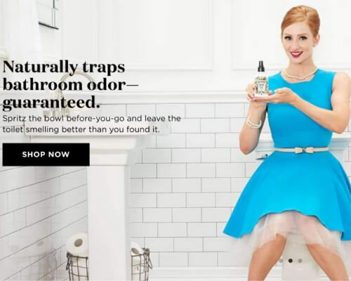 Poo-Pourri mascot in blue dress holding product on toilet
