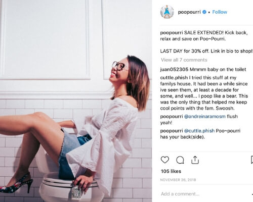 Poop-Pourri Instagram screenshot fashionable girl lounging on the toilet in heels