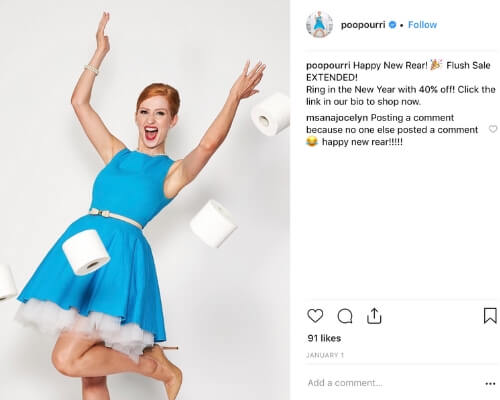 Poop-Pourri Instagram screenshot woman in blue dress throwing rolls of toilet paper